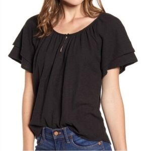 Madewell | Texture & Thread Tiered Sleeve Top L True Black 100% Cotton Bohemian